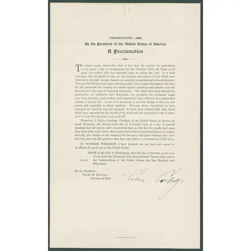 Calvin Coolidge Signed 8x13 1928 Thanksgiving Proclamation Document JSA #BB62326