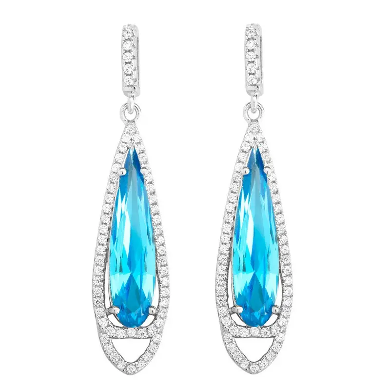 Sterling Silver Long Teardrop Bright Blue CZ with Clear CZ Border Earrings