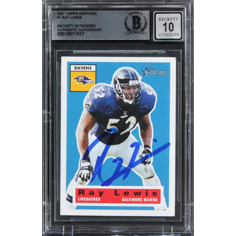 Ravens Ray Lewis Signed 2001 Topps Heritage #1 Card Auto Graded 10! BAS Slabbed