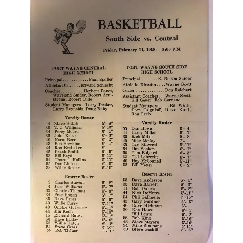 1958 Ft. Wayne Central vs Ft. Wayne South High School Basketball Program
