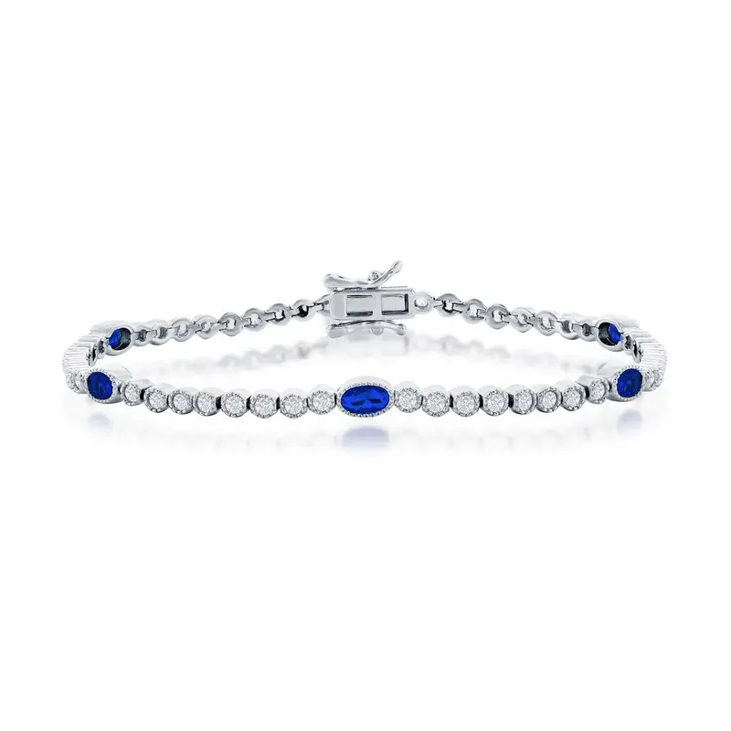 Sterling Silver, Beaded Outline Round & Oval CZ Bracelet - Sapphire