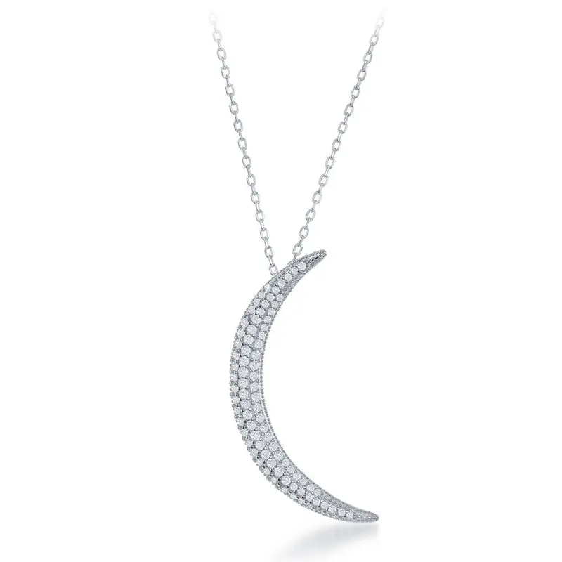 Sterling Silver Large Cubic Zirconia Crescent Moon Necklace