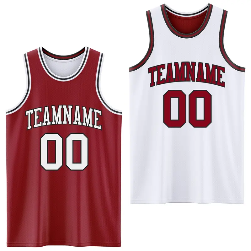 Custom Reversible Maroon White-Black Double Side Sublimation Basketball Suit Jersey