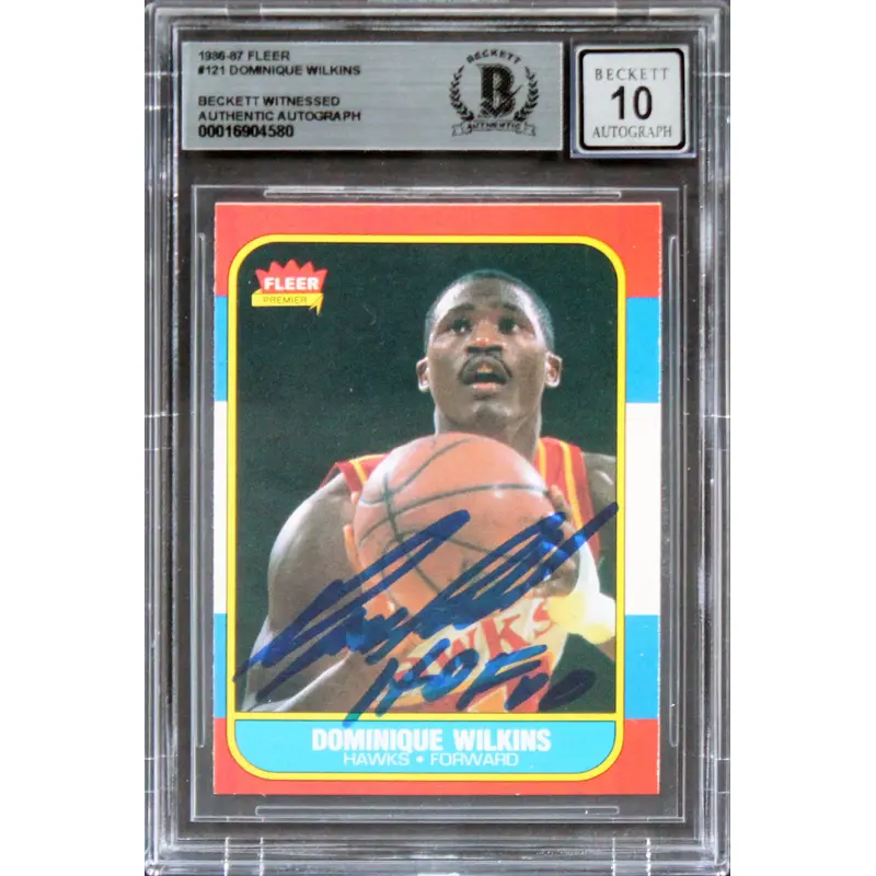 Hawks Dominique Wilkins "HOF" Signed 1986 Fleer #121 RC Card Auto 10! BAS Slab 1
