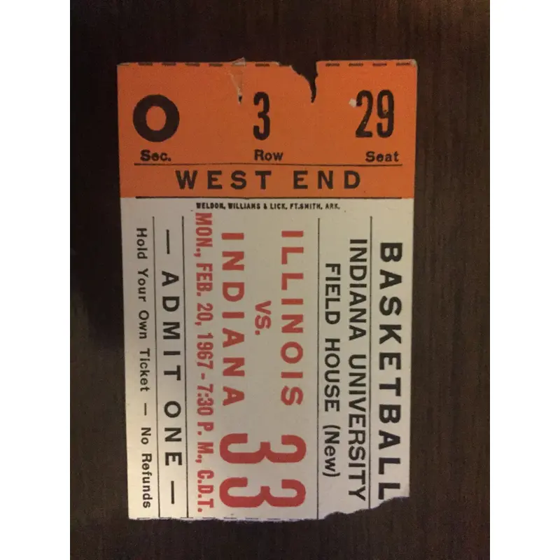 1967 Illinois vs Indiana University Basketball Ticket Stub