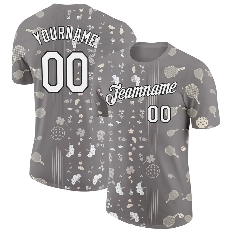 Custom Gray White-Black 3D Pickleball Paddles Balls Floral Performance T-Shirt