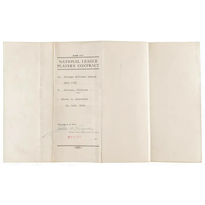 Historic 1920 Grover Alexander Signed Chicago Cubs Contract Triple Crown Season