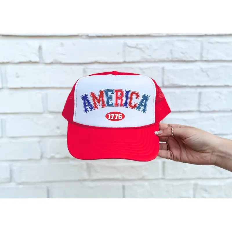 America 1776 DTF Printed Red & White Trucker Hat