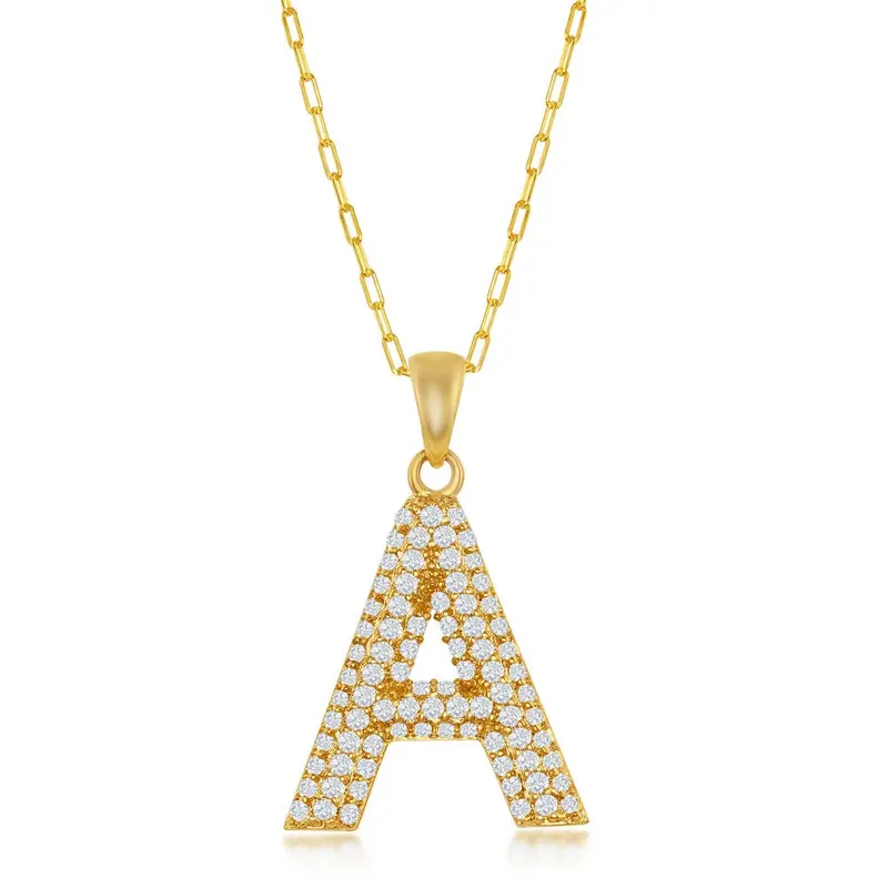 Sterling Silver Micro Pave CZ  'A'  Block Initial w/Paperclip Chain - Gold Plated