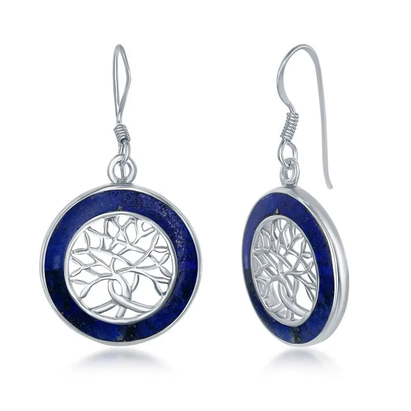 Sterling Silver Small Tree of Life Round Earrings - Lapis