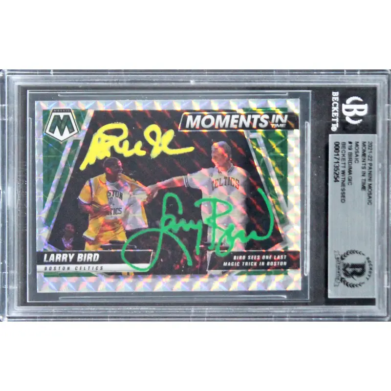 Magic Johnson Larry Bird Signed '21 Panini Mosaic MIT Mosaic #19 Card BAS Slab 2