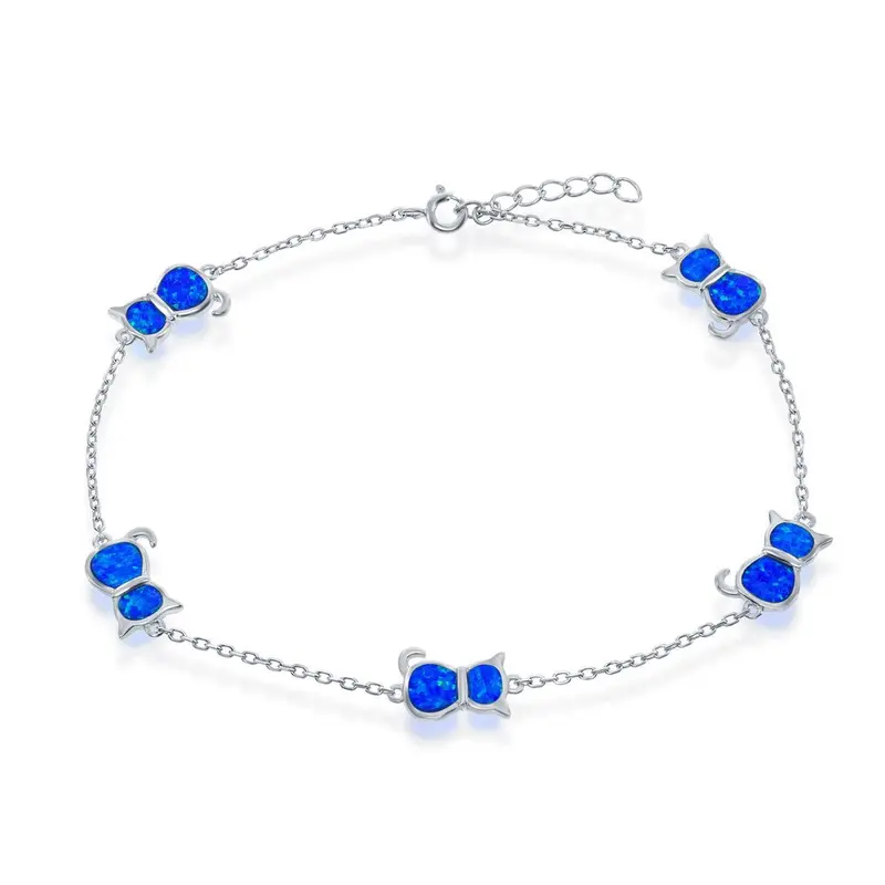 Sterling Silver, Opal Cat Anklet - Blue Inlay