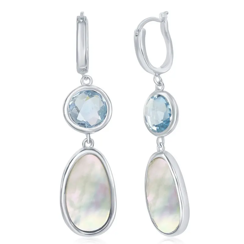 Sterling Silver Bezel-set Blue Topaz and Mother of Pearl Earrings