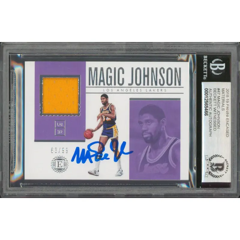 Magic Johnson Signed 2018 Panini Materials #47 63/99 Card Auto Grade 10 BAS Slab