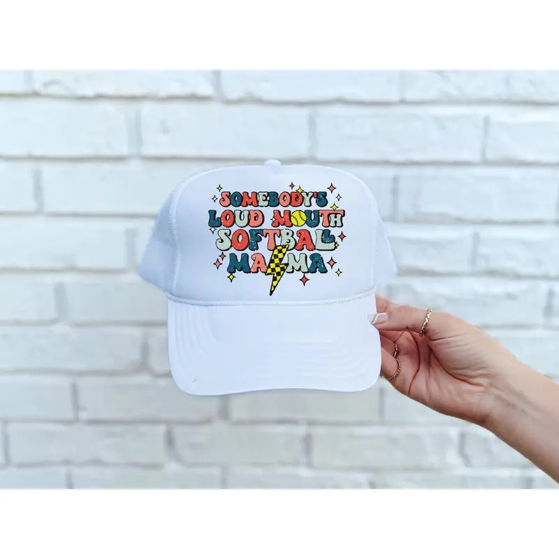 Loud Mouth Softball Mama DTF Printed White Trucker Hat