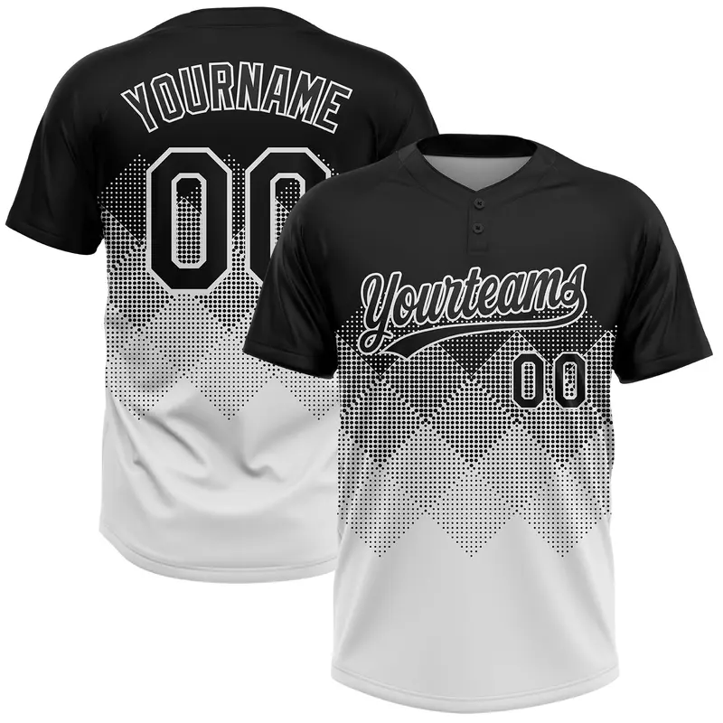 Custom Black White 3D Gradient Square Shape Two-Button Unisex Softball Jersey