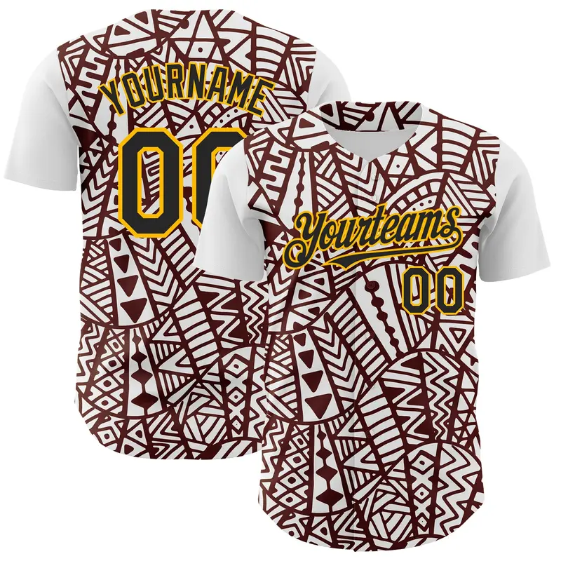 Custom White Black Brown-Gold 3D Polynesian Style Islander Authentic Baseball Jersey