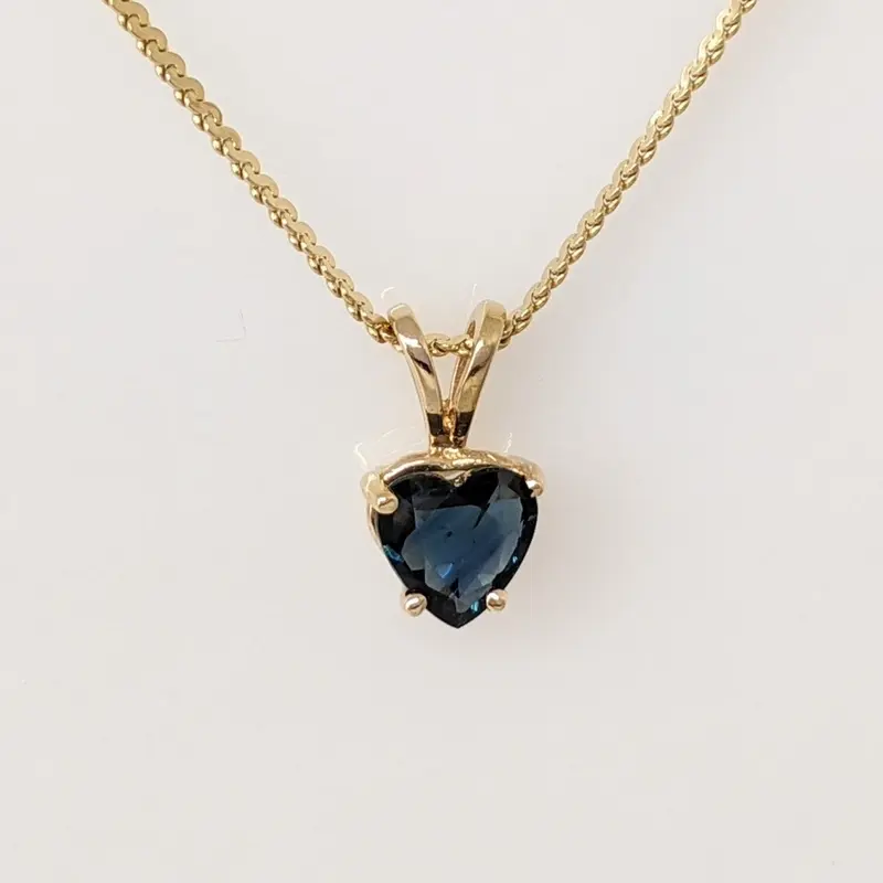 14K SAPPHIRE HEART 6MM ESTATE PENDANT & CHAIN 3.2 GRAMS