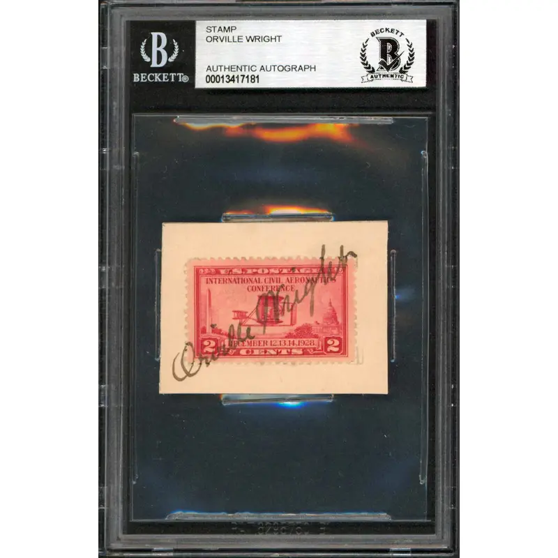 Orville Wright Signed 1x1.6 Civil Aeronautics Conference 2 Cent Stamp BAS Slab