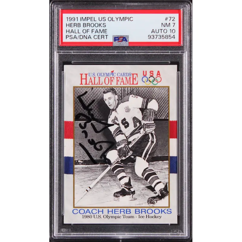 Herb Brooks Signed 1991 Impel US Olympic HOF #72 Card Graded 7 Auto 10! PSA Slab