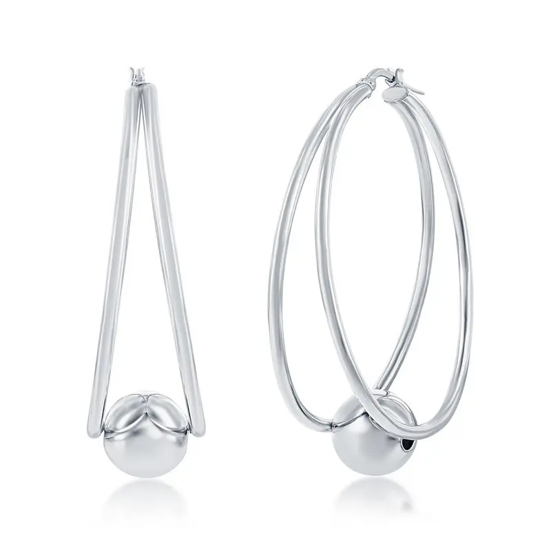 Sterling Silver Large Double Oval with 12mm Bead Earrings