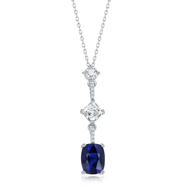 Sterling Silver, White & Cushion-Cut CZ Necklace - Sapphire