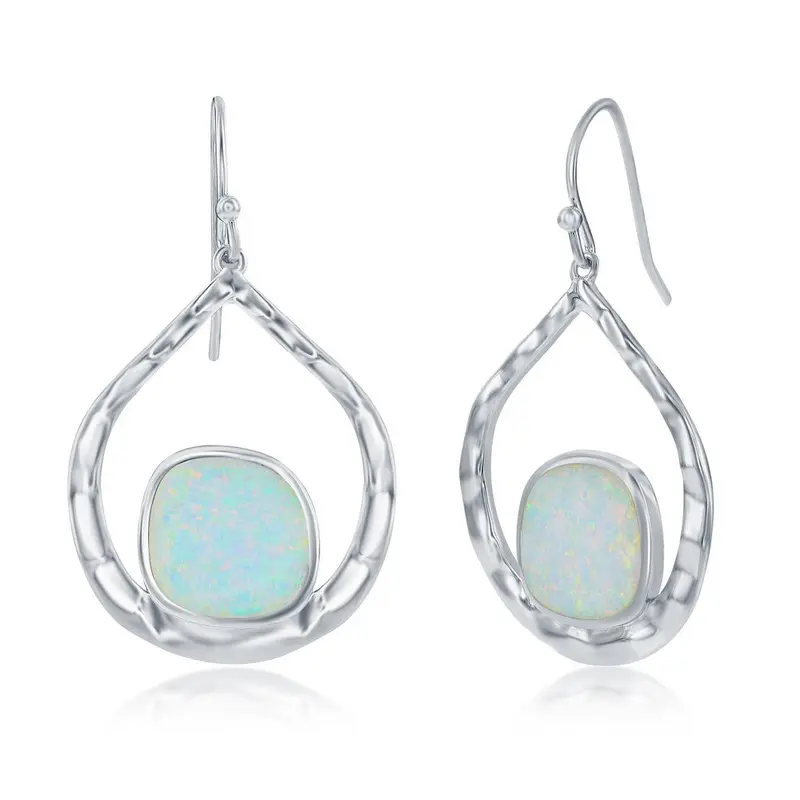 Sterling Silver Irregular Hammered Pear-Shaped Earrings - White Opal
