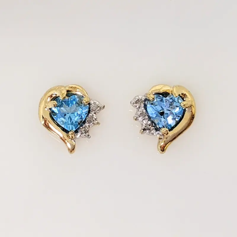 10K BLUE TOPAZ HEART 5MM WITH MELEE ESTATE EARRINGS 1.6 GRAMS