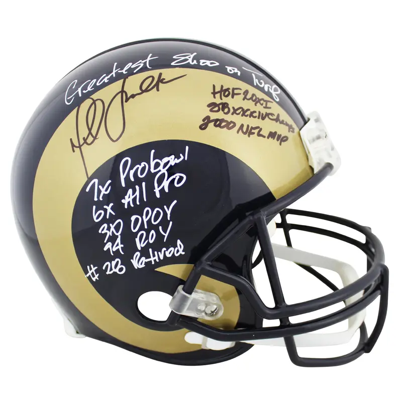 Rams Marshall Faulk "Career Stat" Signed Gold Horn Proline Full Size Helmet BAS