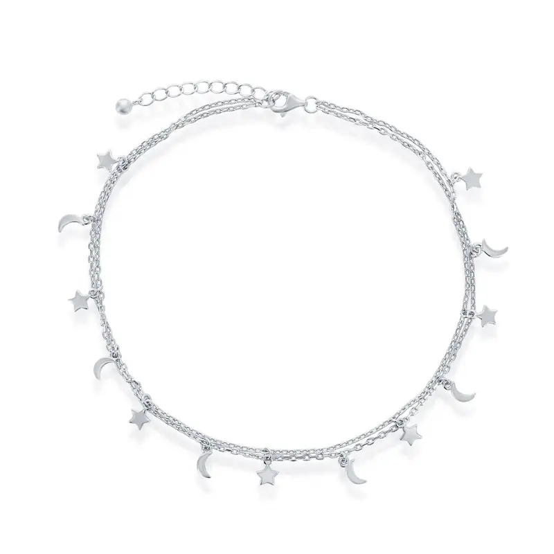 Sterling Silver, Moon and Star Double Strand Anklet