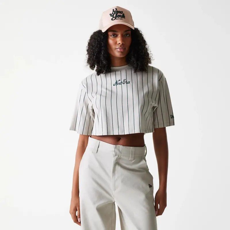 Womens New Era Pinstripe Light Beige Crop T-Shirt