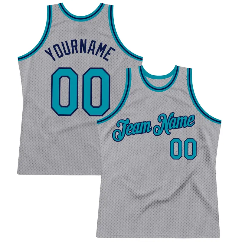 Custom Gray Teal-Navy Authentic Throwback Basketball Jersey