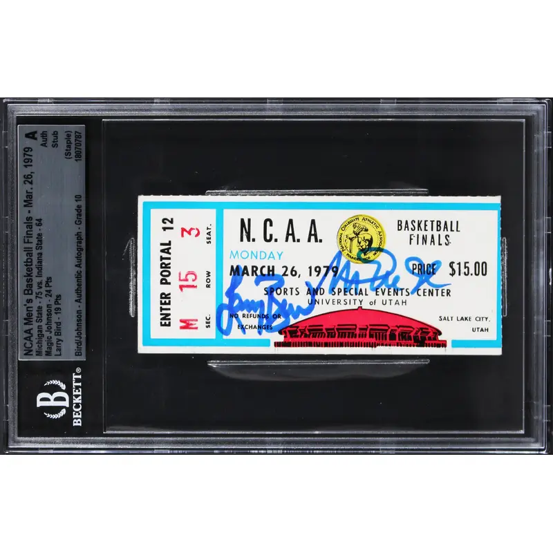 Magic Johnson & Larry Bird Signed 1979 NCAA Finals Ticket Stub Auto 10! BAS Slab