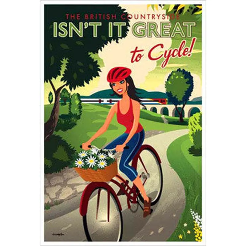 British Countryside "Cycling Girl" Vintage-Style Poster Print by Michael Crampton