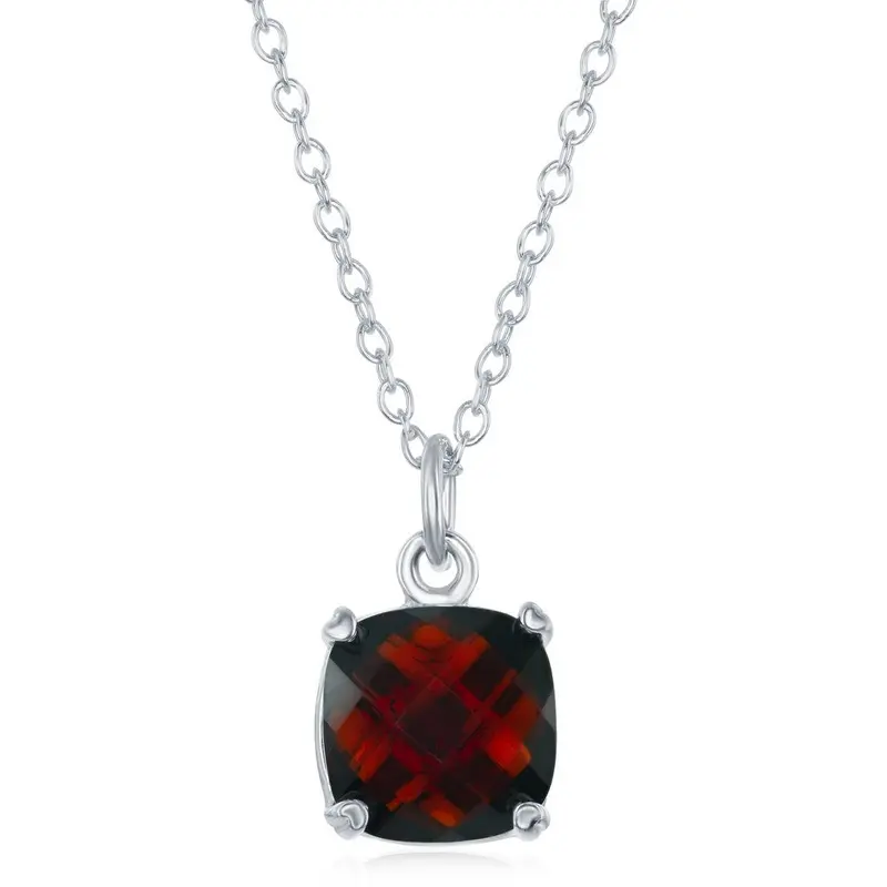 Sterling Silver 'January Birthstone' Square Necklace - Garnet