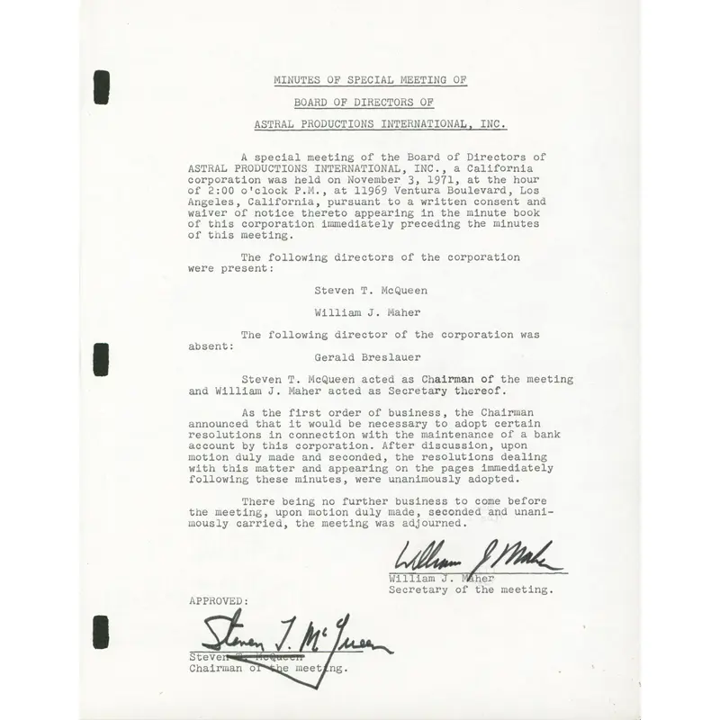 Steve McQueen Authentic Signed 8.5x11 1971 Astral Productions Document BAS