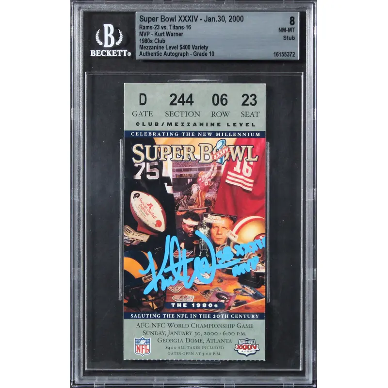 Rams Kurt Warner "SB XXXIV MVP" Signed SB XXXIV Ticket NM-MT 8, Auto 10 BAS Slab