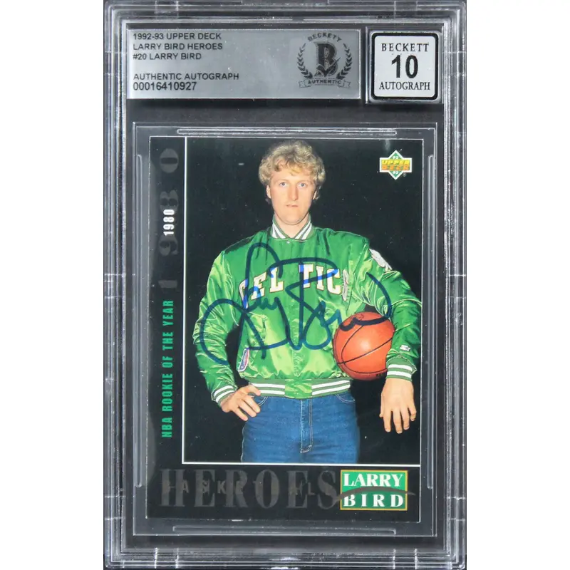Celtics Larry Bird Signed 1992 Upper Deck Heroes #20 Card Auto 10! BAS Slabbed