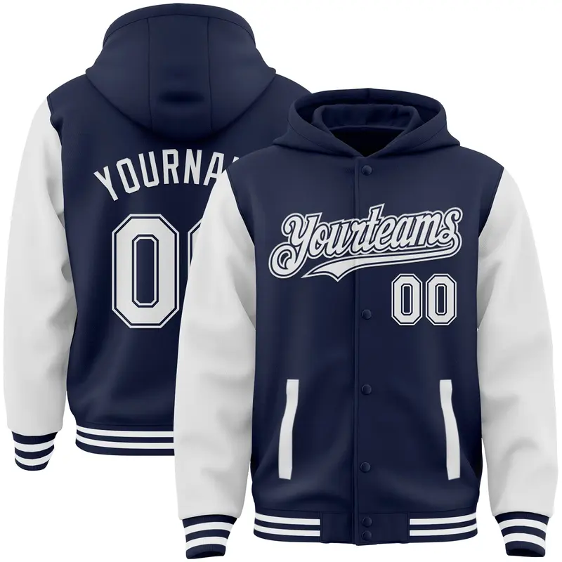 Custom Navy White Bomber Full-Snap Varsity Letterman Two Tone Hoodie Jacket