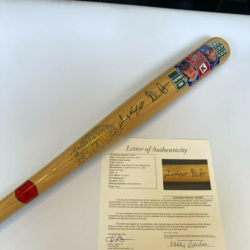 Sandy Koufax & Nolan Ryan Signed Cooperstown Baseball Bat With JSA COA
