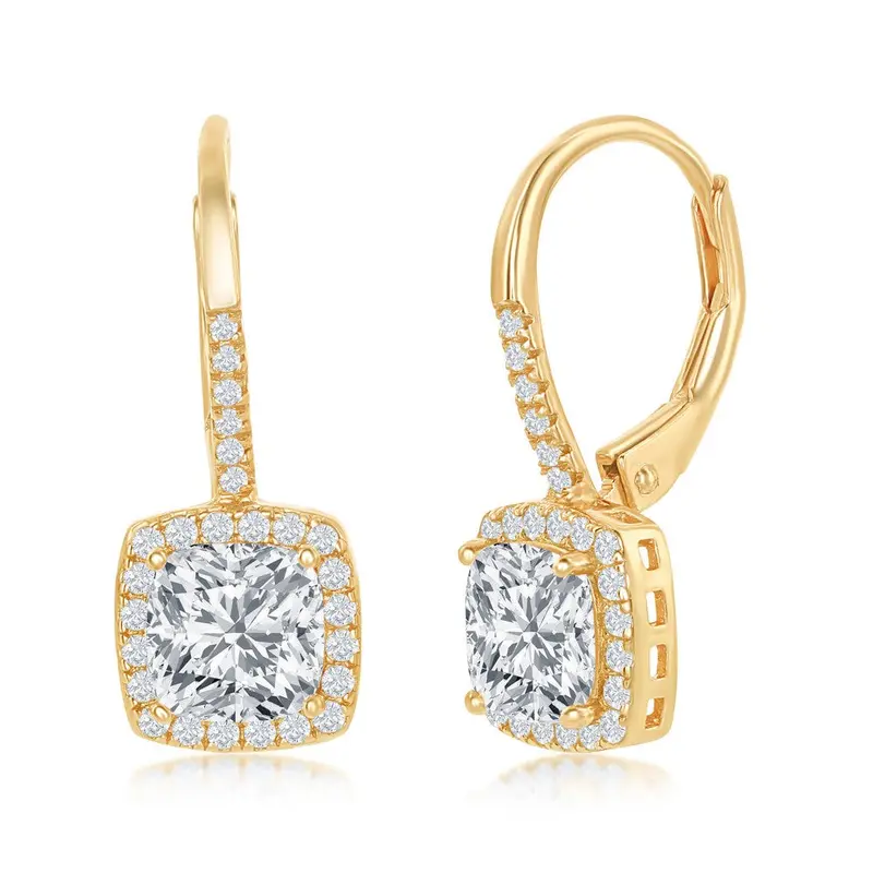 Sterling Silver, Cushion-Cut CZ with CZ Border Dangling Earrings - Gold Plated
