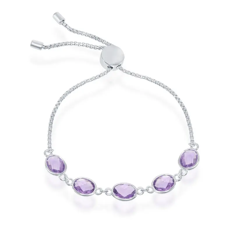 Sterling Silver 7.5cttw Oval Linked, Adjustable Bolo Bracelet - Amethyst