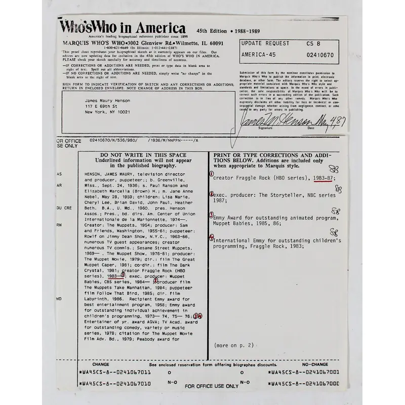 Jim Henson The Muppets Signed 8.5x11 Reference Sheet Document BAS #AB31378