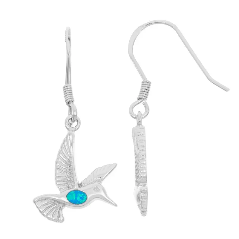 Sterling Silver, Blue Inlay Opal Small Hummingbird Earrings