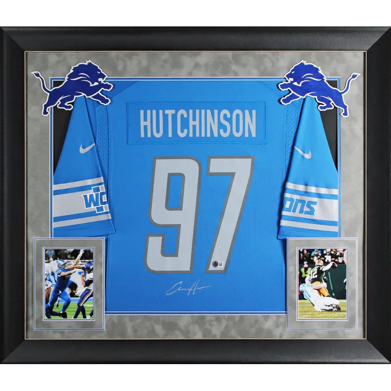 Lions Aidan Hutchinson Signed Blue Nike Game Framed Jersey w/ Silver Sig BAS Wit