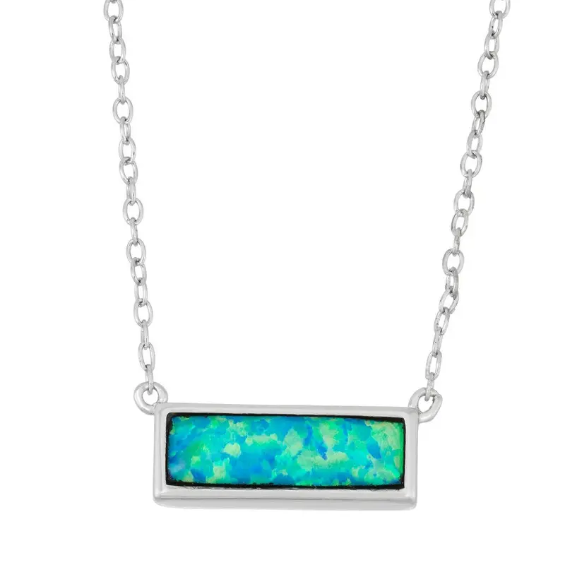 Sterling Silver Blue Inlay Opal Small Bar Necklace