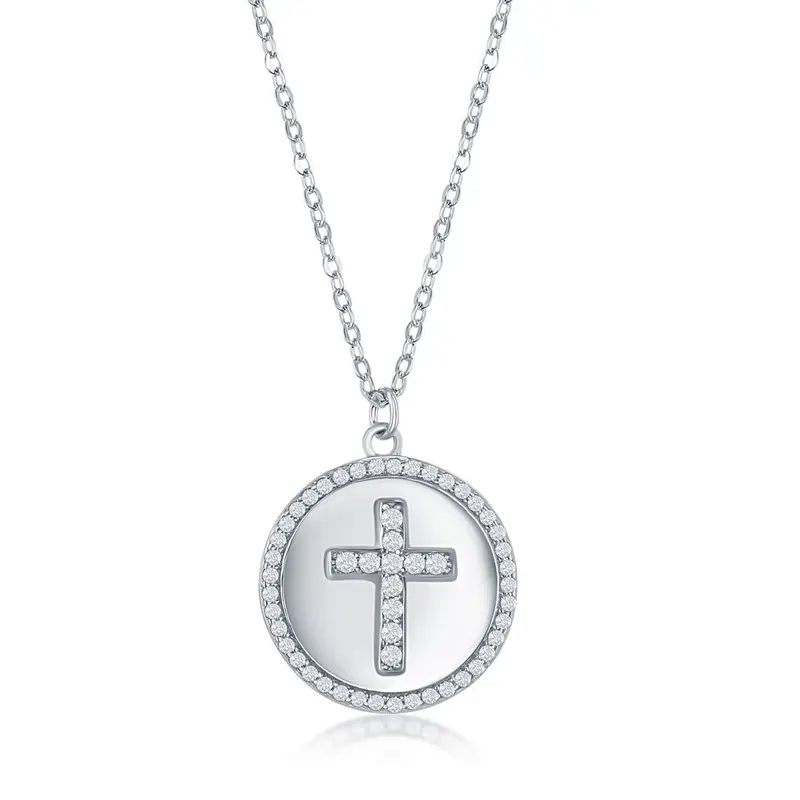 Sterling Silver Micro Pave CZ Disc Necklace - Cross