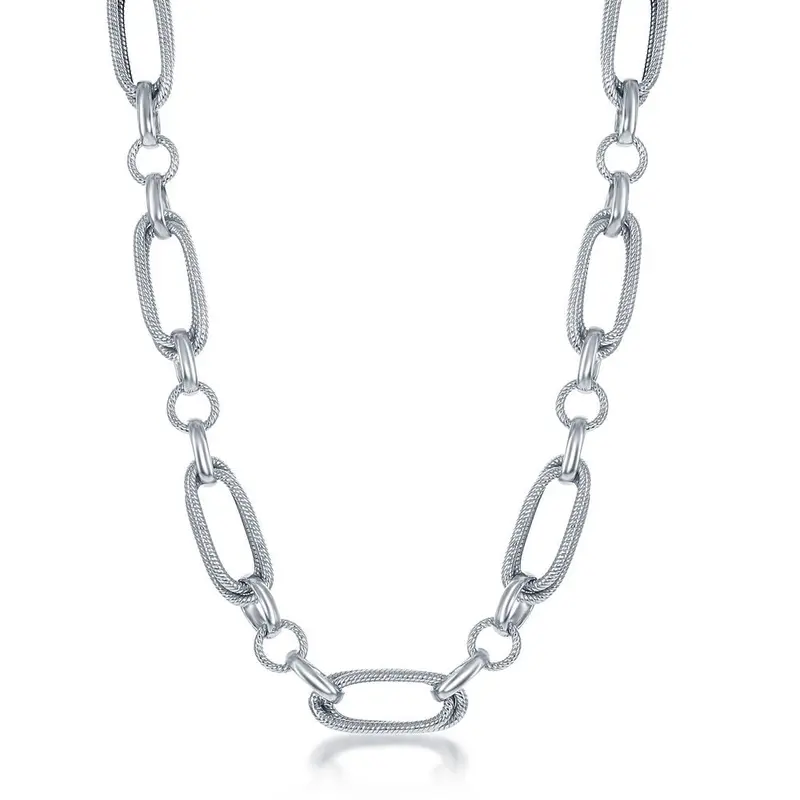 Sterling Silver Rope Designed Oval and Polished Circle Linked Necklace, MADE IN  ITALY